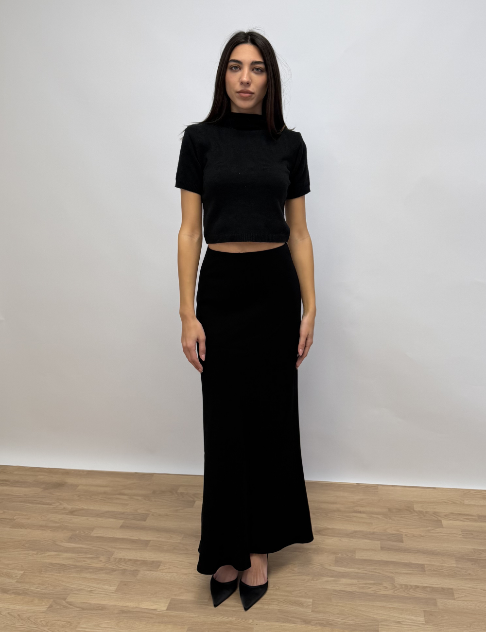 High Neck Knit Top With Shoulder Pads