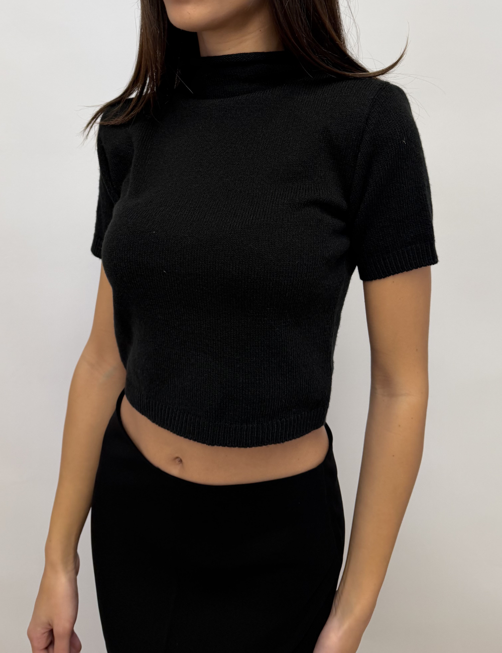 High Neck Knit Top With Shoulder Pads