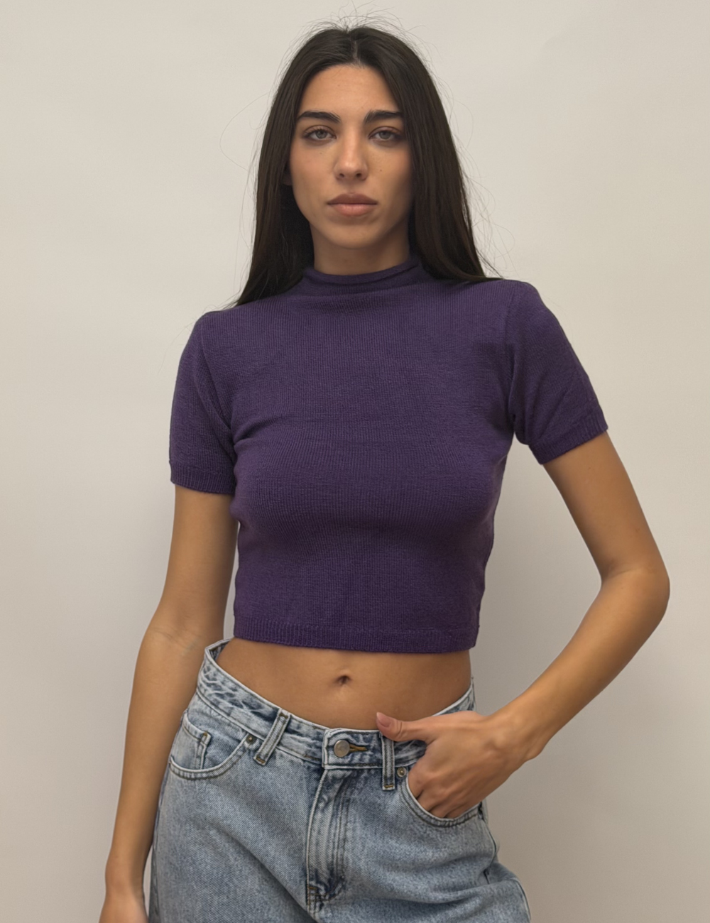 High Neck Knit Top With Shoulder Pads