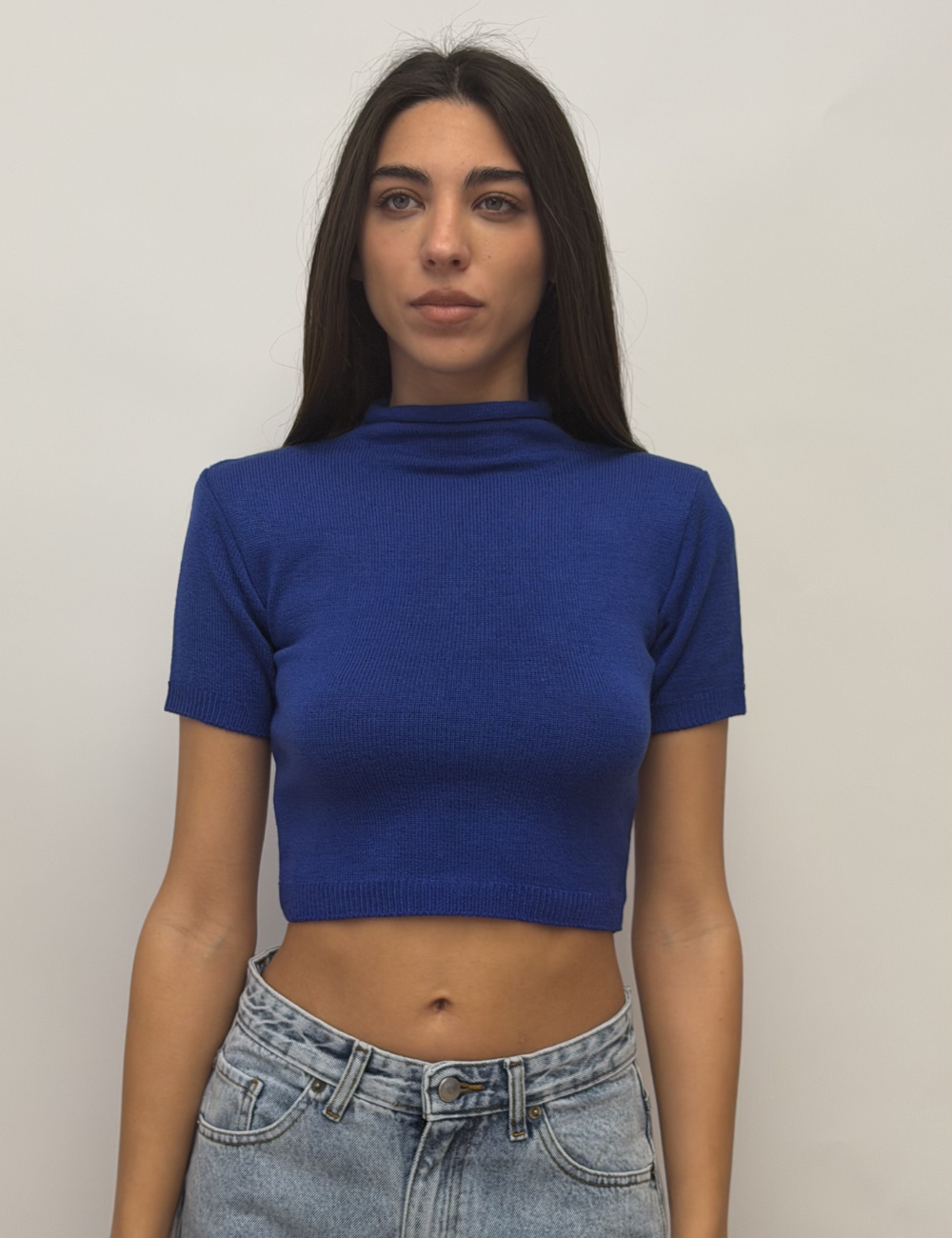 High Neck Knit Top With Shoulder Pads